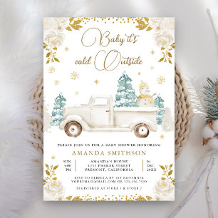 Invitation Fête bébé bonhomme de neige camion floral or blanc