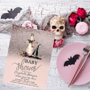 Invitation Fête bébé Chapeau de sorcière Rose vin Paillettes 
