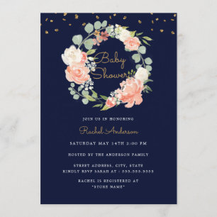 Invitation Fête bébé Couronne Navy Or Pêche Étincelante