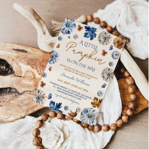 Invitation Fête bébé en terre cuite bleue Toile de Jouy citro