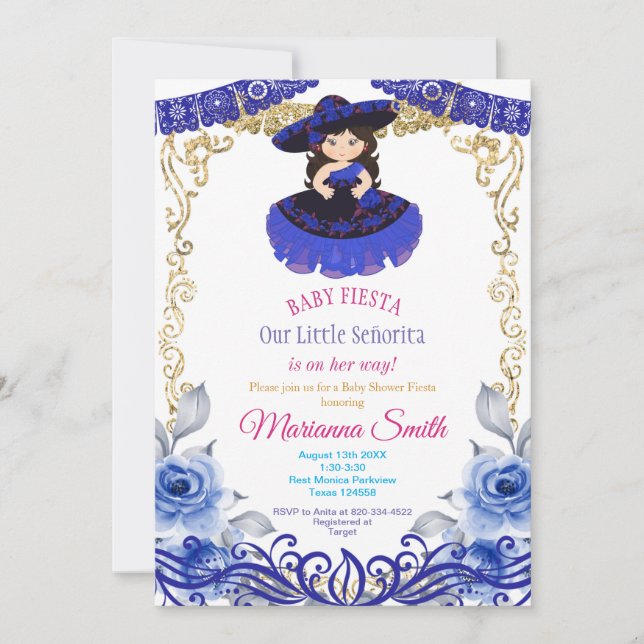 Invitation Fête Bébé Festa Mexicaine Roses Bleu Royal  (Devant)