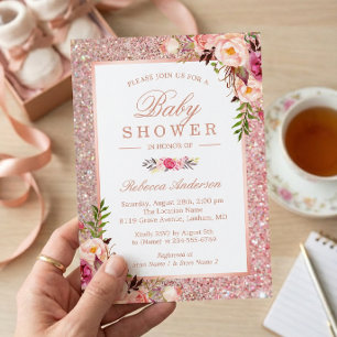 Invitation Fête bébé fille fleurs rose pailleté or rose