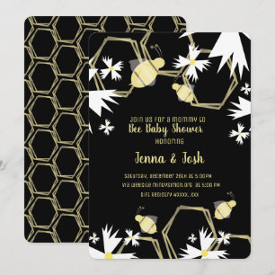 Invitation Fête bébé Fleurs Abeille et Daisy Noir Jaune