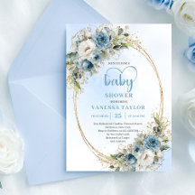 Fête bébé fleurs pastel bleu aquarelle or 