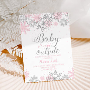 Invitation Fête bébé: Flocons de neige rose et paillettes arg