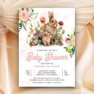 Invitation Fête bébé florale lapin maman et bébé