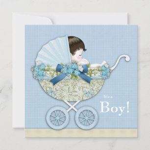 Invitation Fête Bébé Garçon Beige Bleu Bébé Poussette
