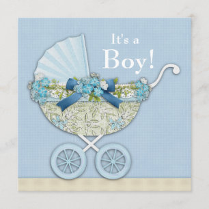 Invitation Fête Bébé Garçon Beige Bleu Bébé Poussette