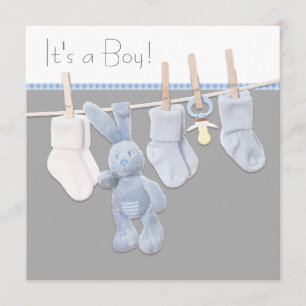 Invitation Fête bébé garçon Bleu et Gris sur fil à linge