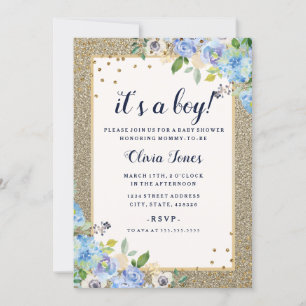 Invitation Fête bébé garçon Blue Gold floral Sparkle