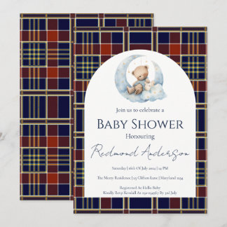Invitation Fête bébé garçon carreaux bleu et rouge Classique 