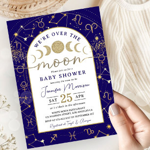 Invitation Fête Bébé Garçon « Over the Moon » Bleu Nuit et Or