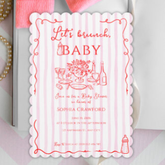 Invitation Fête bébé Let's Brunch Doodle Rose Rouge Fantaisis