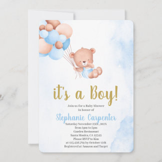 Invitation Fête bébé ours en peluche garçon