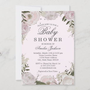 Invitation Fête bébé thème Rose Florale Argent Rose