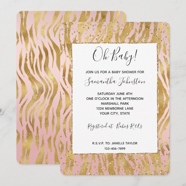 Invitation Fête bébé Zèbre Paillettes Doré Rose (Devant / Derrière)