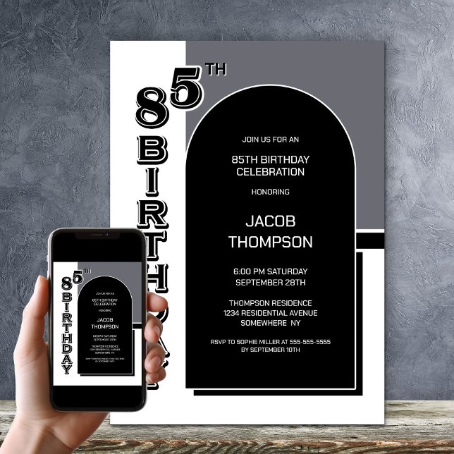 Invitation Fête Black Arch 85e anniversaire moderne (Créateur téléchargé)