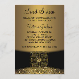 Invitation Fête Black Damask Gold Classy Sweet Sixteen