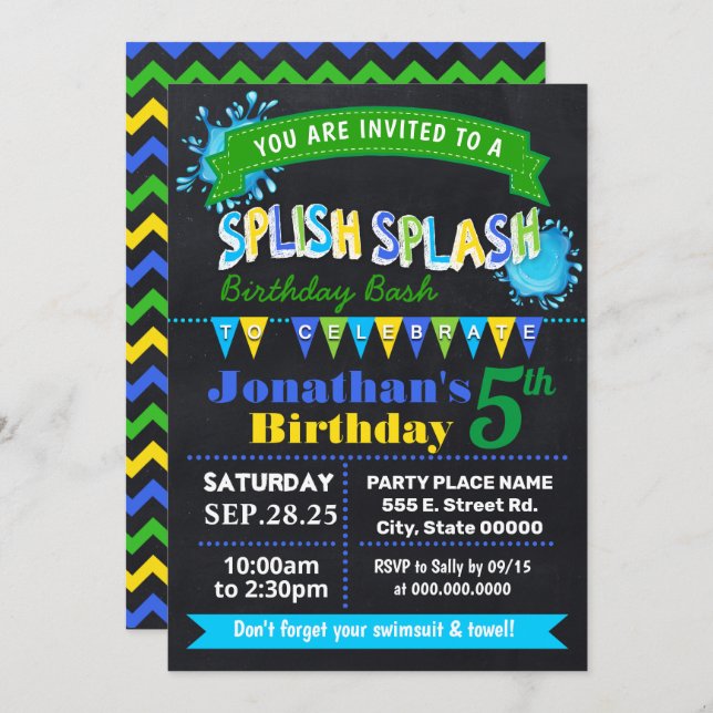 Invitation Fête bleue d'anniversaire de Splash Splish Chalkbo (Devant / Derrière)