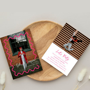 Invitation Fête branchée Wavy Hot Rose Deux Photo Graduation