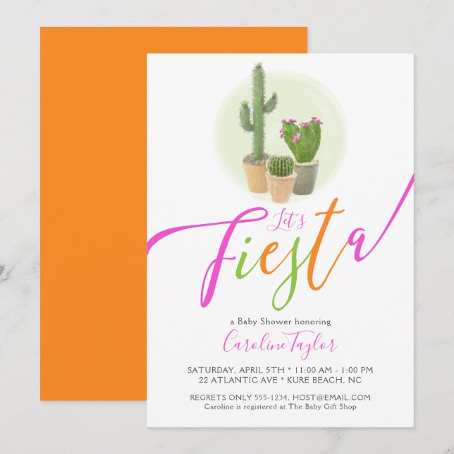 Invitation Fête Cactus Néon Rose Orange Baby Shower (Devant / Derrière)