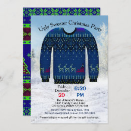 Invitation Fête chrétienne d'Ugly Sweater, Blue with Deer, ZP