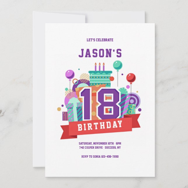 Invitation Fête colorée du 18e anniversaire (Devant)
