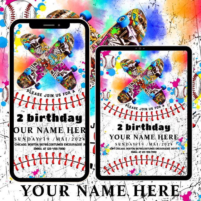 Invitation Fête colorée du skateboard de baseball (Créateur téléchargé)