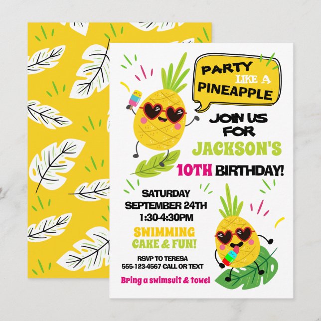 Invitation Fête comme un anniversaire tropical d'ananas (Devant / Derrière)