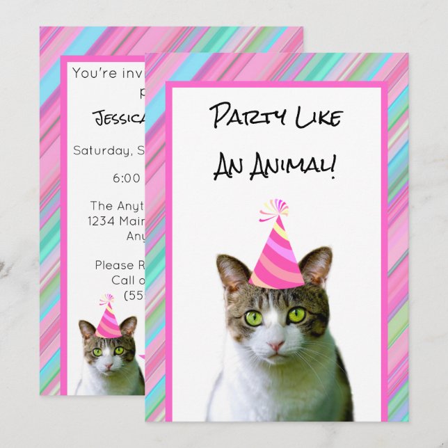 Invitation Fête Comme Un Chat Animal Avec Casquette De Fête A (Devant / Derrière)