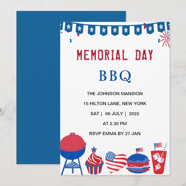 Invitation Fête commémorative des Etats-Unis parti BBQ patrio (Devant / Derrière)