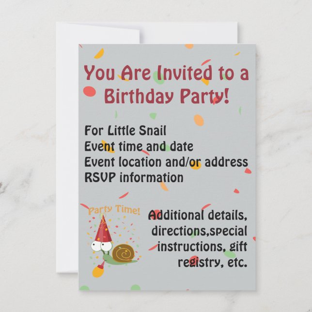 Invitation Fête Confetti Heure ! Escargot (Dos)