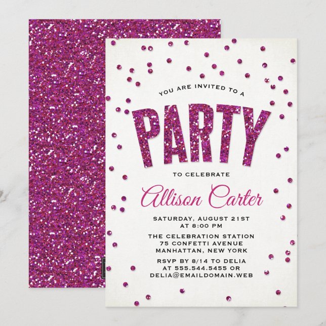 Invitation Fête Confettis Rose Pailleté (Devant / Derrière)
