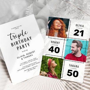 Invitation Fête conjointe d'anniversaire en noir et blanc 3 p
