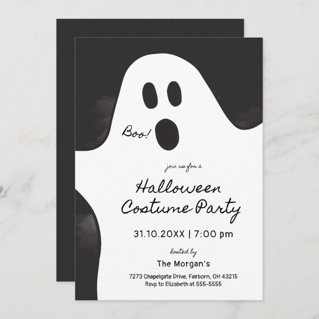 Invitation Fête Costumée Black & White Ghost Halloween (Devant / Derrière)