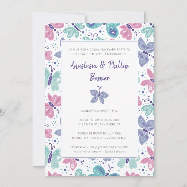 Invitation Fête d'accueil de mariage Elopement Papillons (Devant)