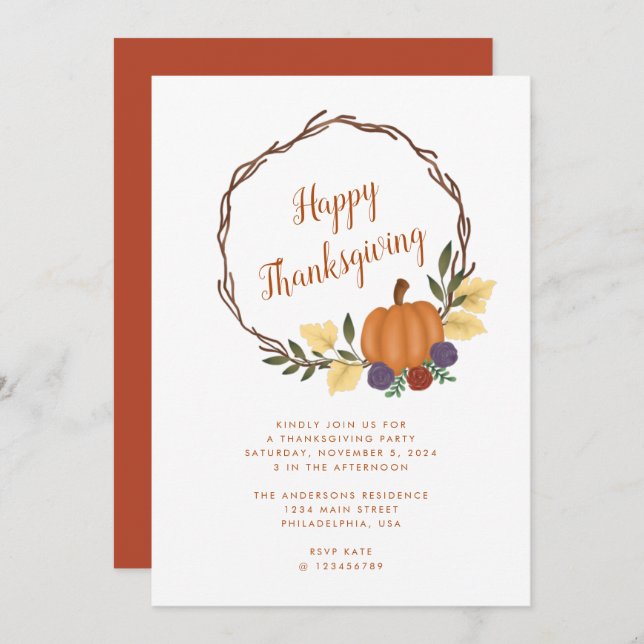 Invitation Fête d'Action de grâces d'automne Citrouille moder (Devant / Derrière)