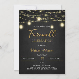 Invitation Fête d'adieu aux lumières et aux scripts or
