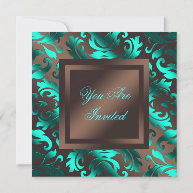 Invitation Fête damassée chocolat marron bleu aqua (Devant)