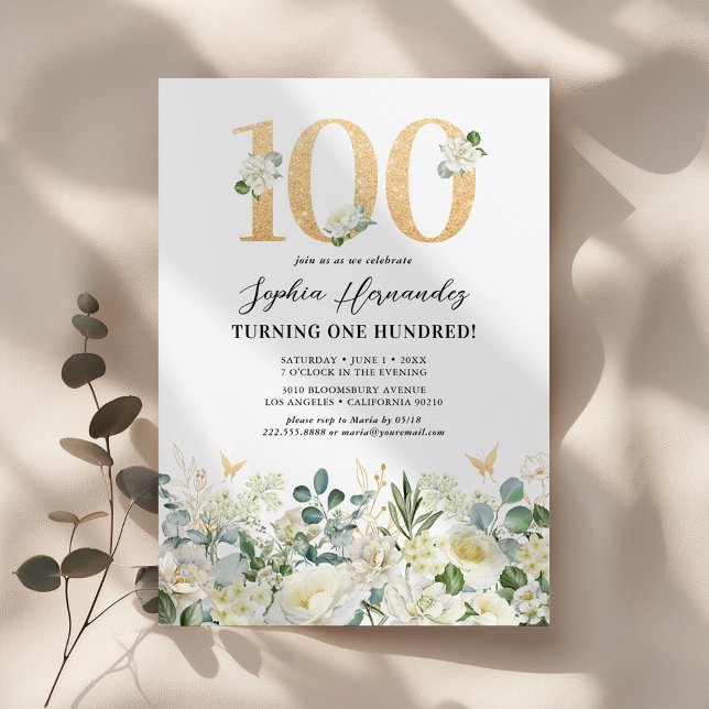 Invitation Fête d'anniversaire 100 ans Floral Vert & Blanc (Créateur téléchargé)