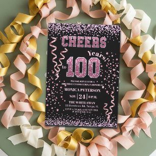 Invitation Fête d'anniversaire 100 ans Strass Rose Pailleté