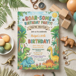 Invitation Fête d'anniversaire 10 ans Dinosaures Aquarelle Ju