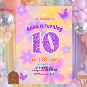Invitation Fête d'anniversaire 10 ans fille tie dye pailleté