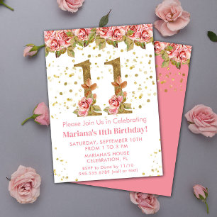 Invitation Fête d'anniversaire 11 ans Pink Roses Floral
