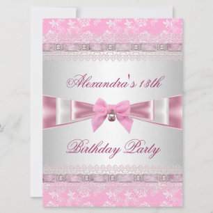 Invitation Fête d'anniversaire 13 ans Rose Blanc Floral  Dama