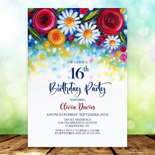 Invitation Fête d'anniversaire 16 ans florale colorée