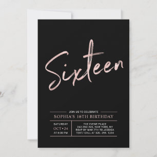Invitation Fête d'anniversaire 16 ans moderne rose gold & noi