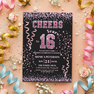 Invitation Fête d'anniversaire 16 ans Paillettes roses Strass