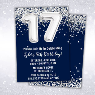 Invitation Fête d'anniversaire 17 ans Bleu Marine Argent