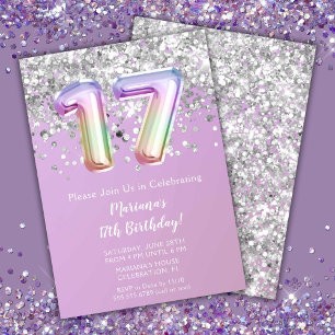 Invitation Fête d'anniversaire 17 ans de Rainbow Sparkle Glit